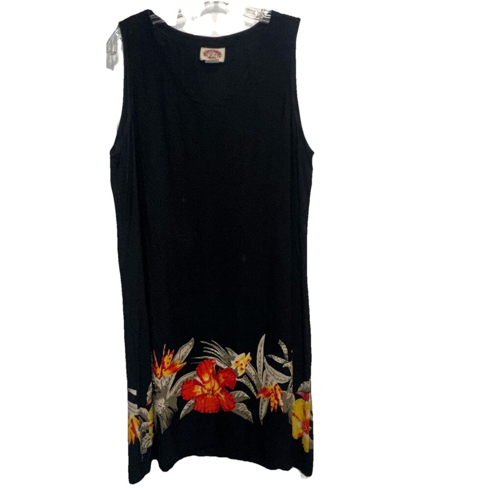 Beaded Hawaiian Dress Rayon Vacation Tropical Floral Resort Vintage Sleeveless L